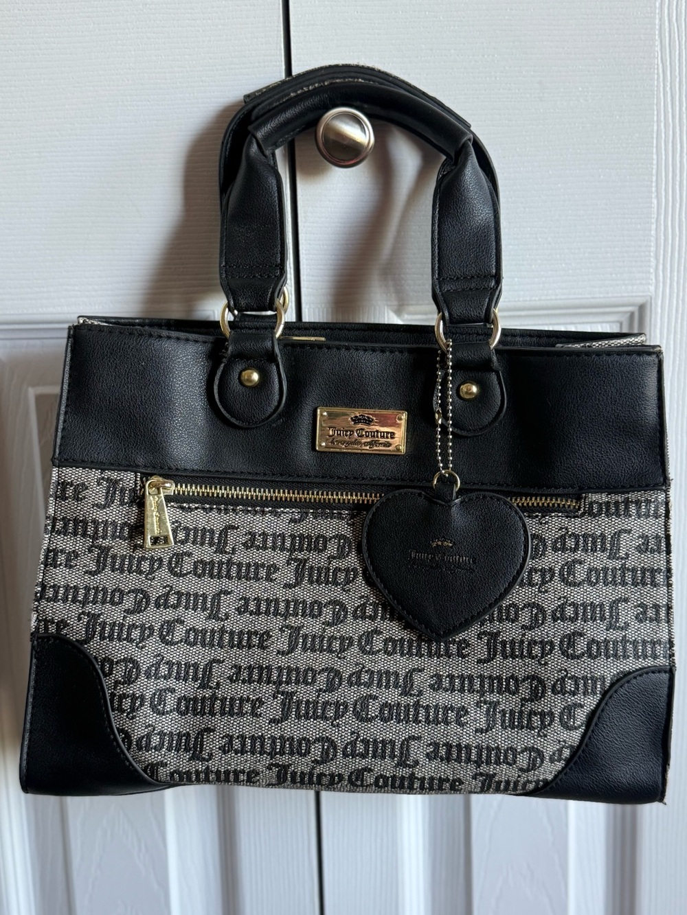 Juicy Couture Black and Beige Logo Satchel with Heart Charm